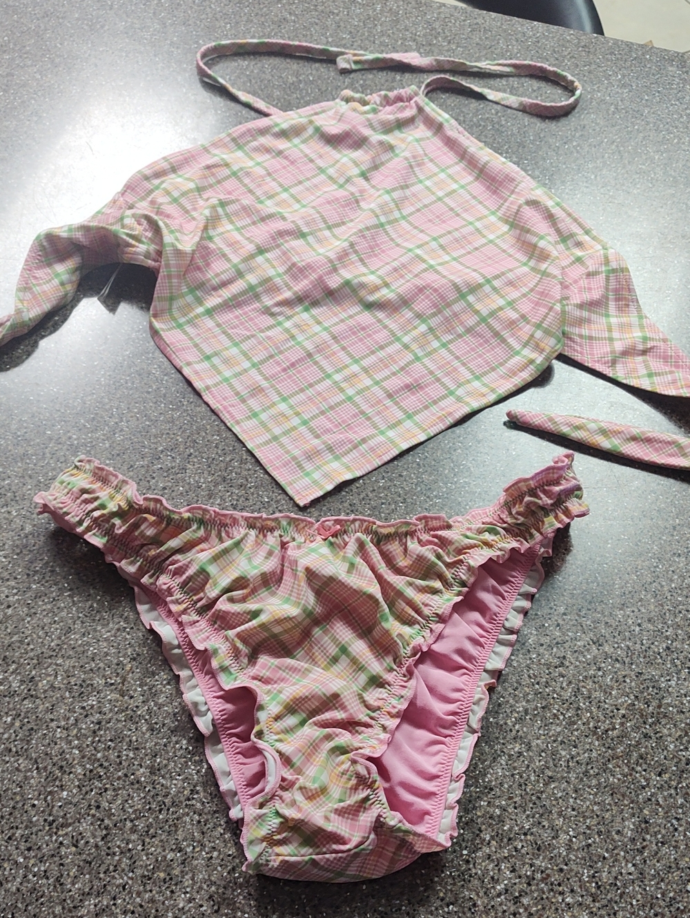 PINK Victoria's Secret Pastel Plaid Ruffle Bikini Set LG Bottom, M DD Top